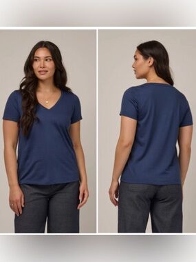 Wool& Morgan V-Neck Tee Shirt Women’s 1X Merino Wool Navy Blue Minimalist